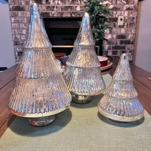 Mercury Glass Christmas Trees Set of 3 Silver Frosted Decor New With Tags